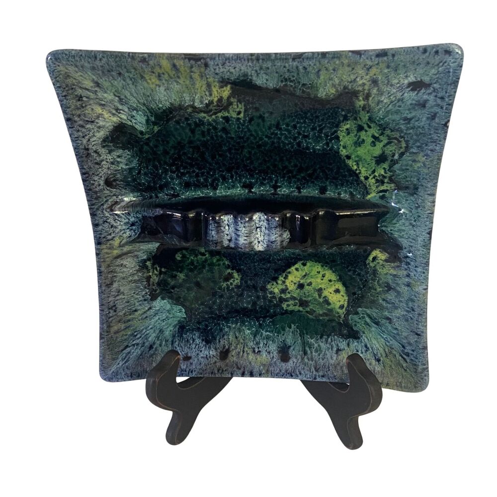 VTG Anna Van Briggle Art Pottery Mottled Blue Drip Glaze Ashtray Signed 9"
